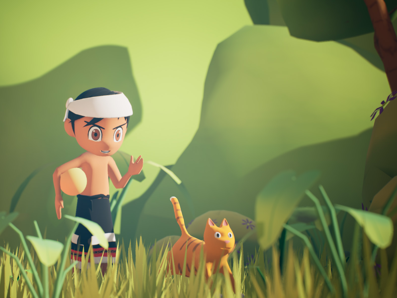 A Kiyamaa story scene with a child and a curious orange cat exploring a green forest